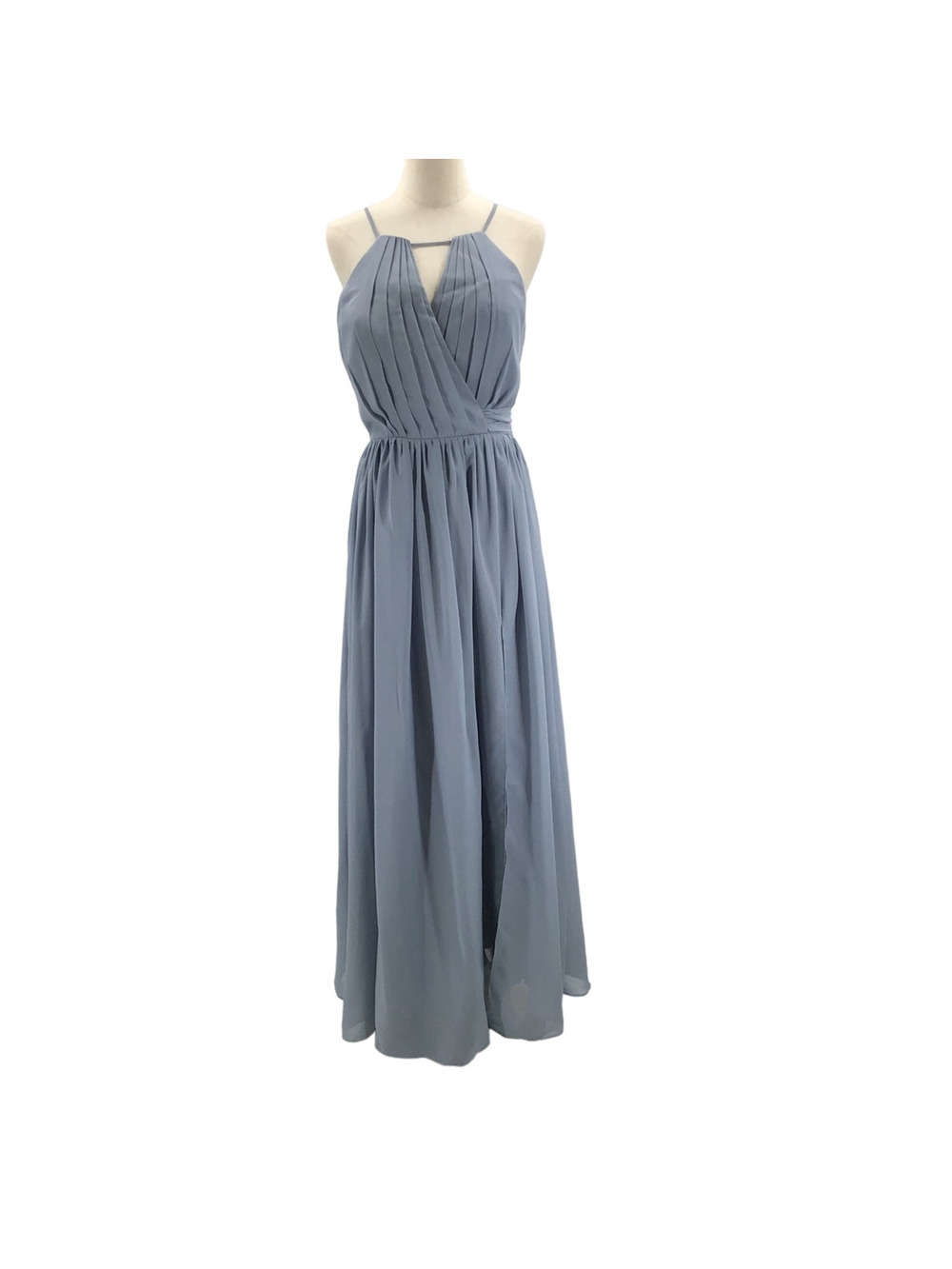PARTY SZ 8 M slate blue halter keyhole pleated maxi bridesmaid dress NEW 0B11